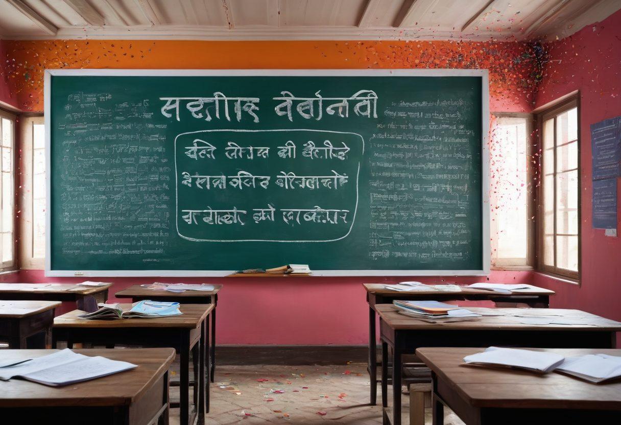 A scenic view of a traditional Bihar classroom adorned with vibrant educational posters, where students joyfully celebrate their exam results with colorful confetti. The backdrop features iconic Bihar landmarks, like the Golghar, under a clear blue sky, emanating a sense of pride in academic success. Brightly colored books and a chalkboard with inspirational quotes add depth to the scene. super-realistic. vibrant colors. 3D.