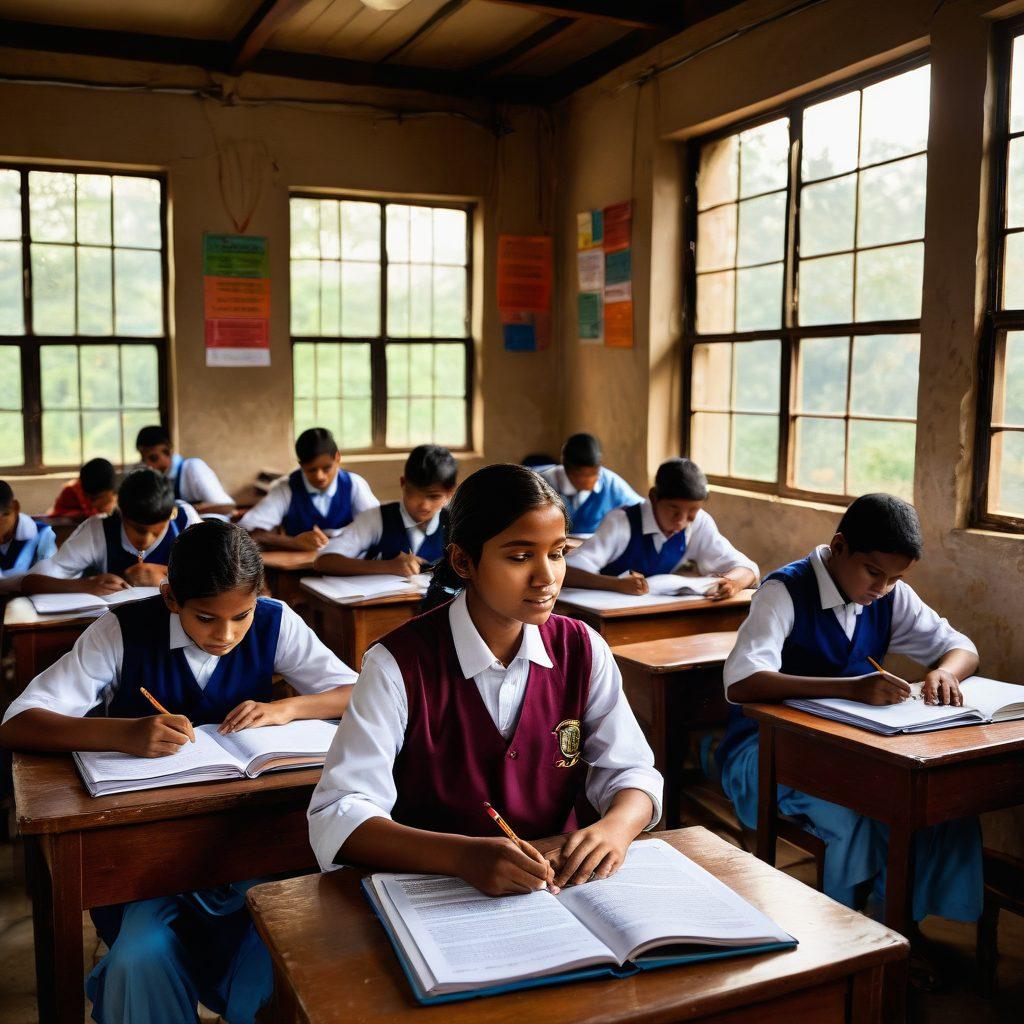A vibrant classroom scene in Bihar with diverse students engaged in various learning activities, showcasing traditional and modern teaching methods, interspersed with visuals of success like graduation caps and books. The walls decorated with colorful educational posters and inspiring quotes. Sunlight streaming in through large windows, creating a warm, inviting atmosphere. super-realistic. vibrant colors. uplifting mood.