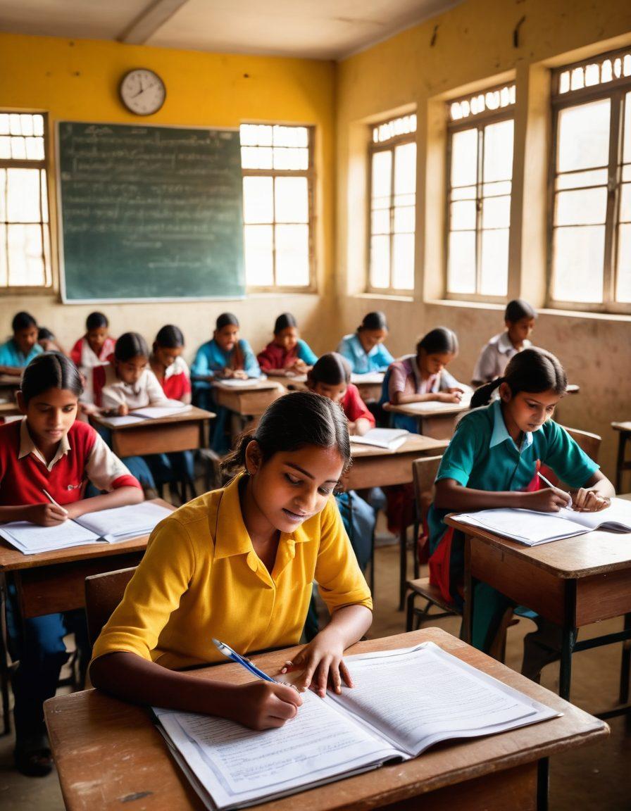 A vibrant classroom scene in a Bihar school, showcasing enthusiastic students eagerly participating in an exam, surrounded by colorful educational posters. Focus on diverse students' expressions of determination and joy with books and stationery scattered around. A glimpse of a teacher encouraging them in the background. The room filled with sunlight filtering through the windows. bright colors. super-realistic.